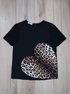 Moschino CheapAndChic Blouse Small Black Leopard Heart Print Short Sleeve Top